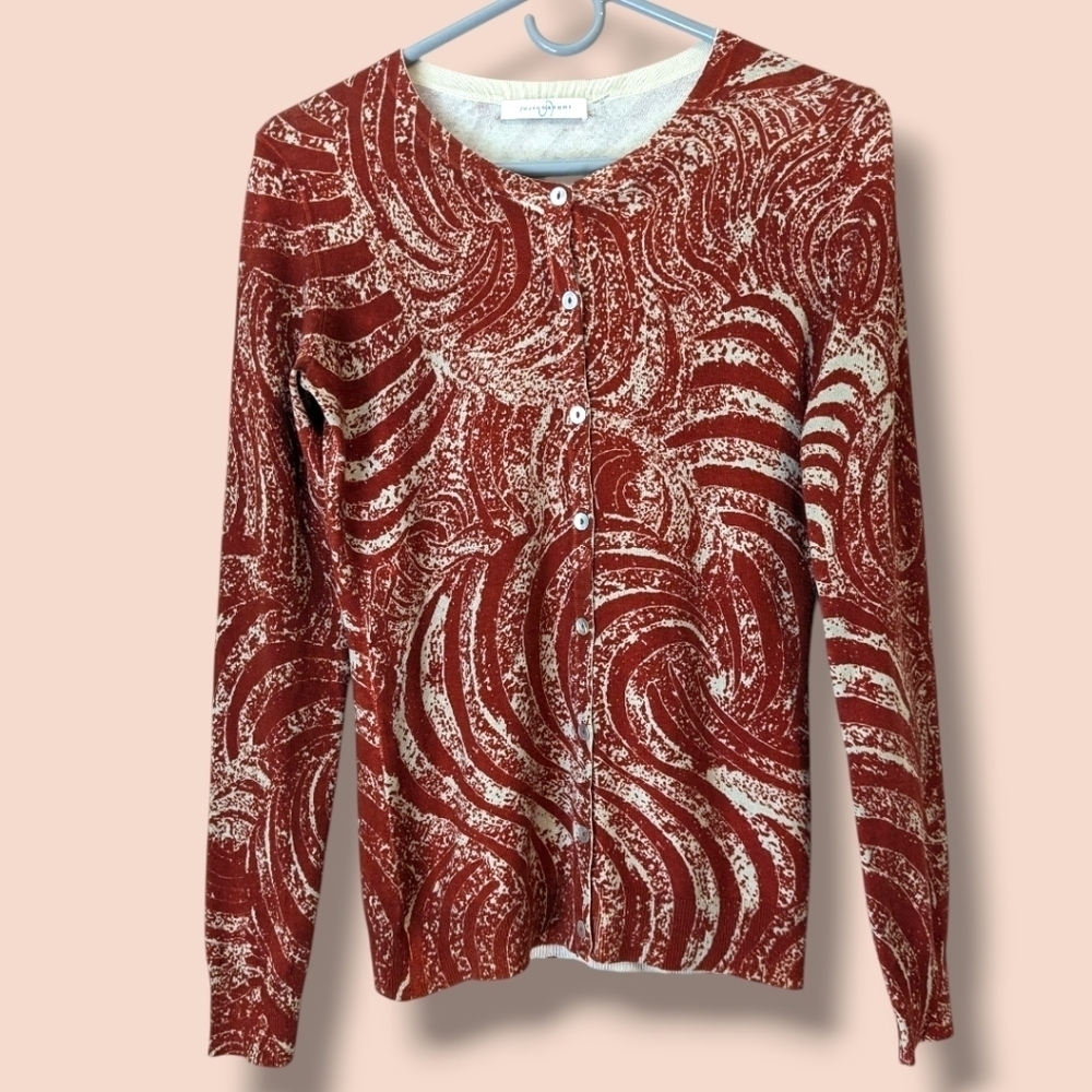 Josie Natori Red Printed Silk Knit Lightweight Crewneck Button-Up Cardigan Artsy